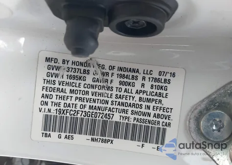 2016 Honda Civic Ex из США, поврежденный, VIN 19XFC2F73GE072457